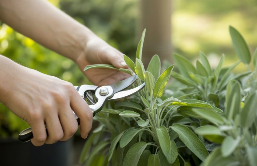 Hands pruning fresh green sage leaves with garden shears in a sunny garden.