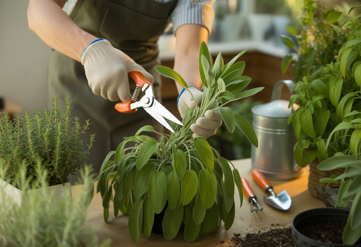 A person pruning a healthy sage plant with gardening gloves and shears in a garden.