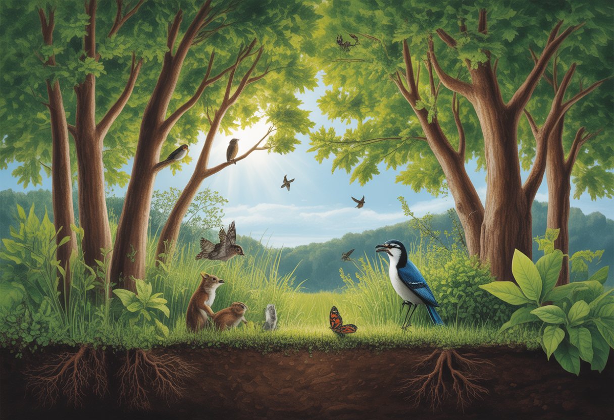 A natural scene with healthy native trees, birds, and small animals in a sunlit forest setting.
