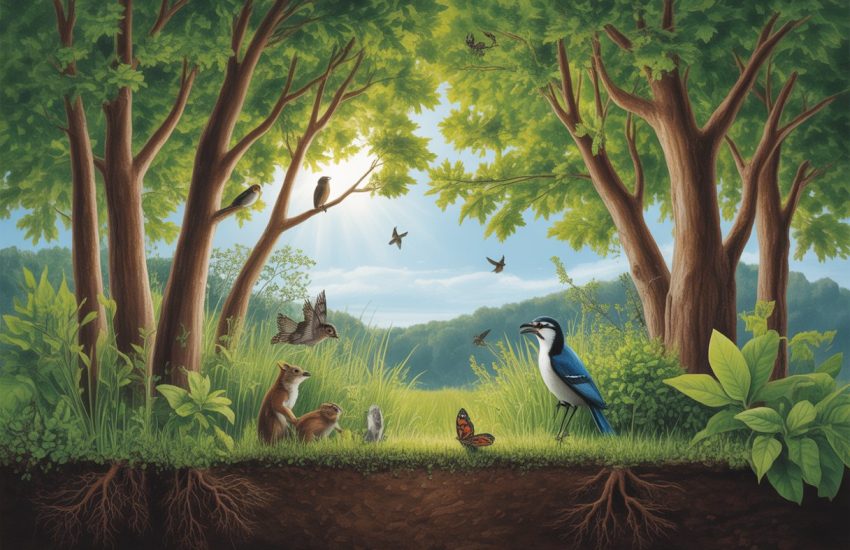 A natural scene with healthy native trees, birds, and small animals in a sunlit forest setting.