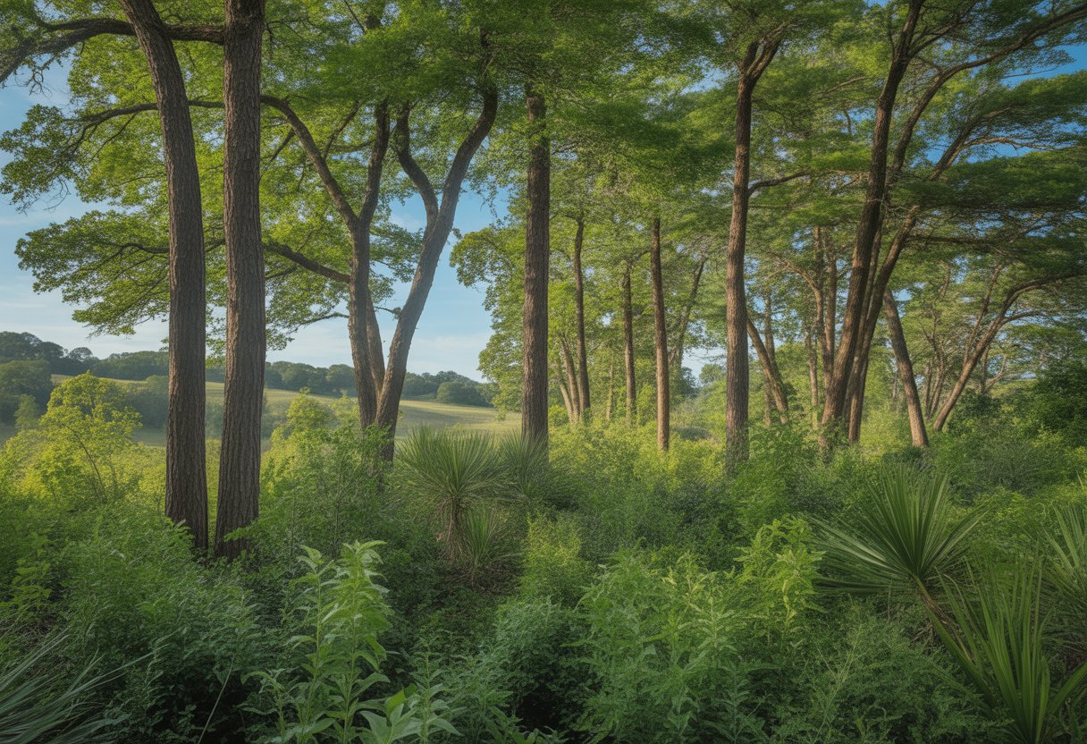 A natural landscape with healthy native trees, green plants, rolling hills, and a clear blue sky.