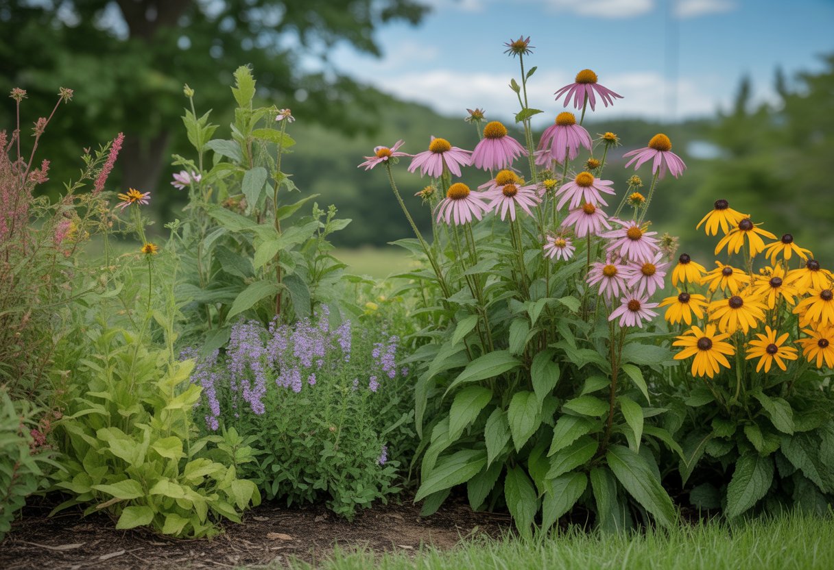 A garden bed with various green and flowering native plants growing outdoors under a clear sky.