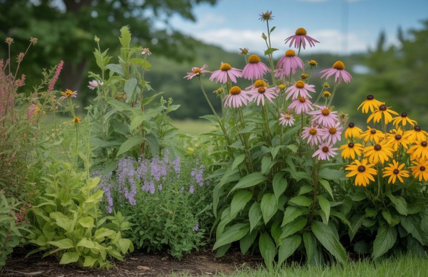 A garden bed with various green and flowering native plants growing outdoors under a clear sky.