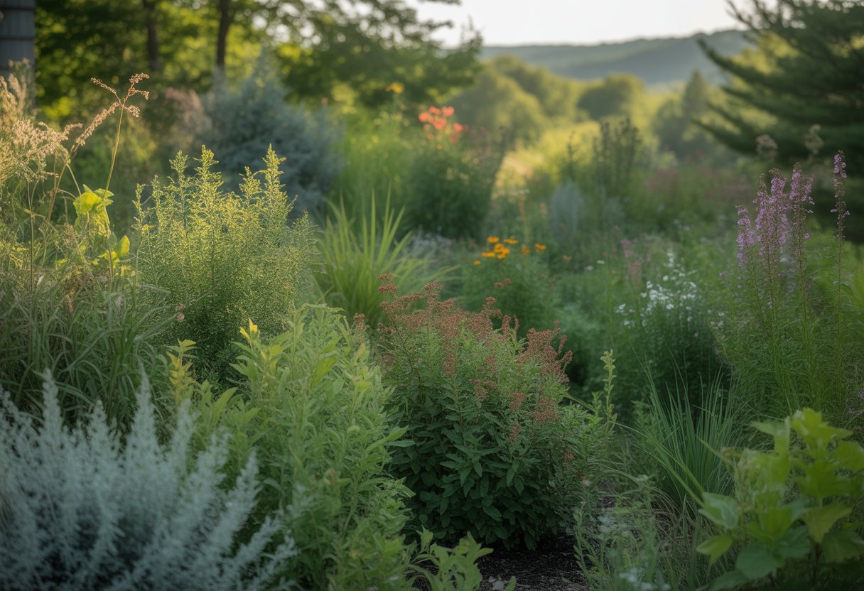 A garden in New Hampshire filled with various native plants and wildflowers growing naturally in a green, outdoor landscape with hills in the background.