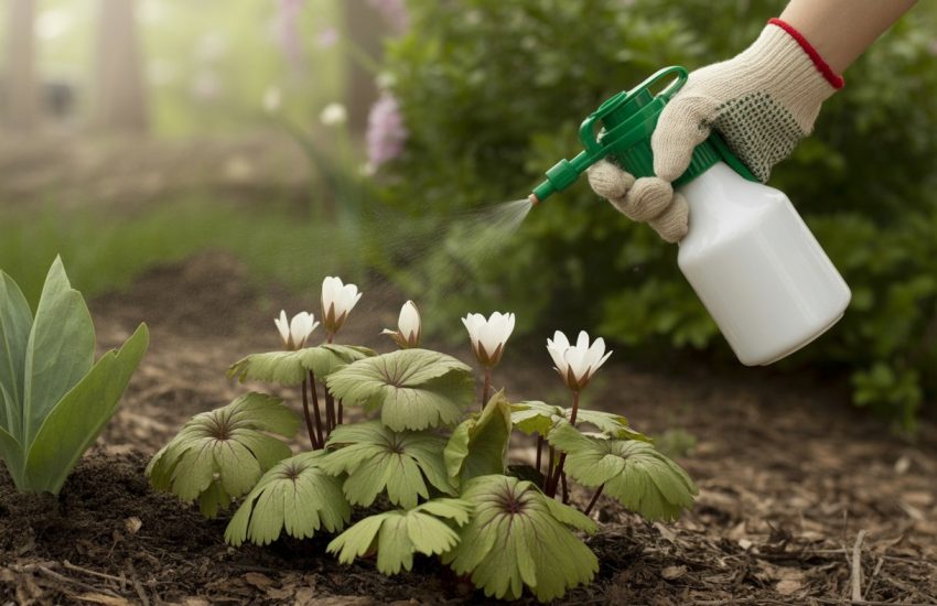 A gardener applying organic pest control spray to healthy bloodroot plants in a natural garden.