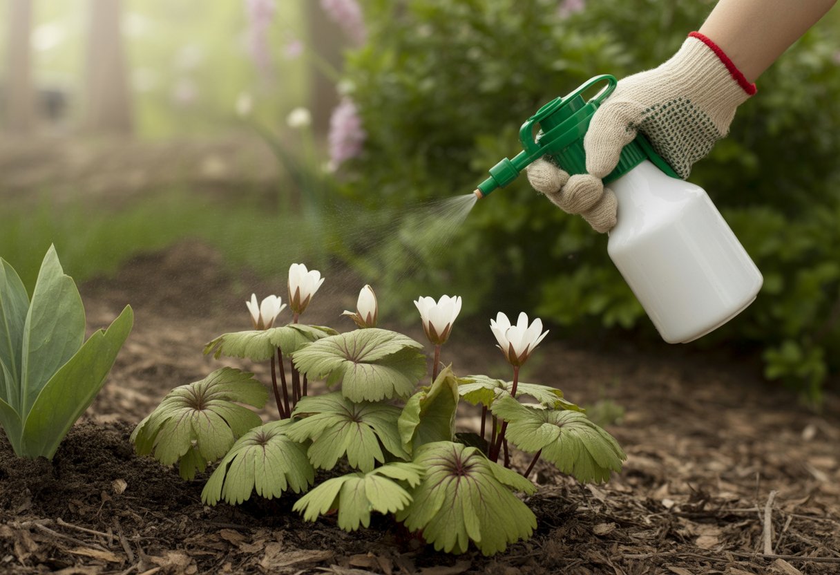 A gardener applying organic pest control spray to healthy bloodroot plants in a natural garden.