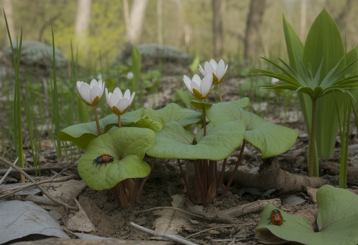 Close-up of bloodroot plants with white flowers growing in a forest floor environment with green leaves, soil, and small beneficial insects like ladybugs.