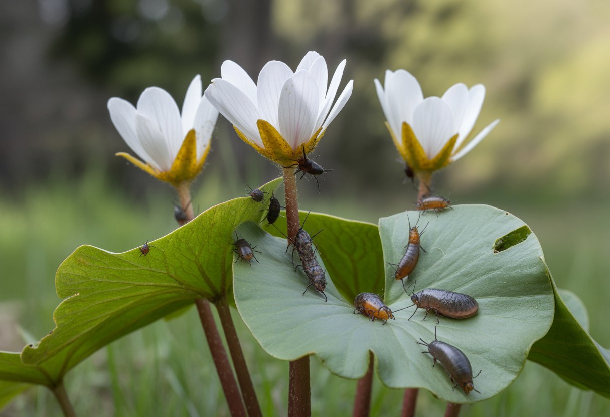 Close-up of a bloodroot plant with white flowers and green leaves showing small pests like aphids and slugs on the foliage in a garden.