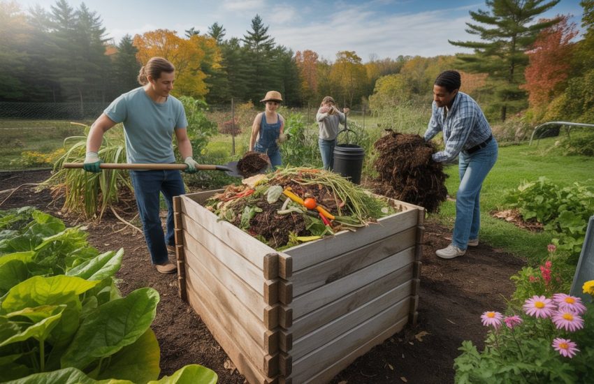 Gardeners tending a compost bin in a backyard garden surrounded by plants and trees with early fall colors.