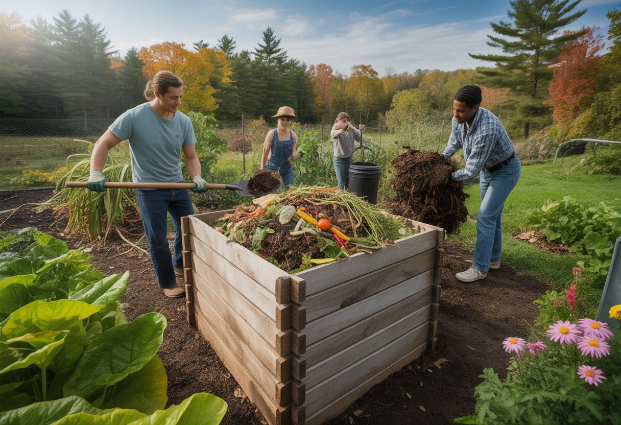 Gardeners tending a compost bin in a backyard garden surrounded by plants and trees with early fall colors.