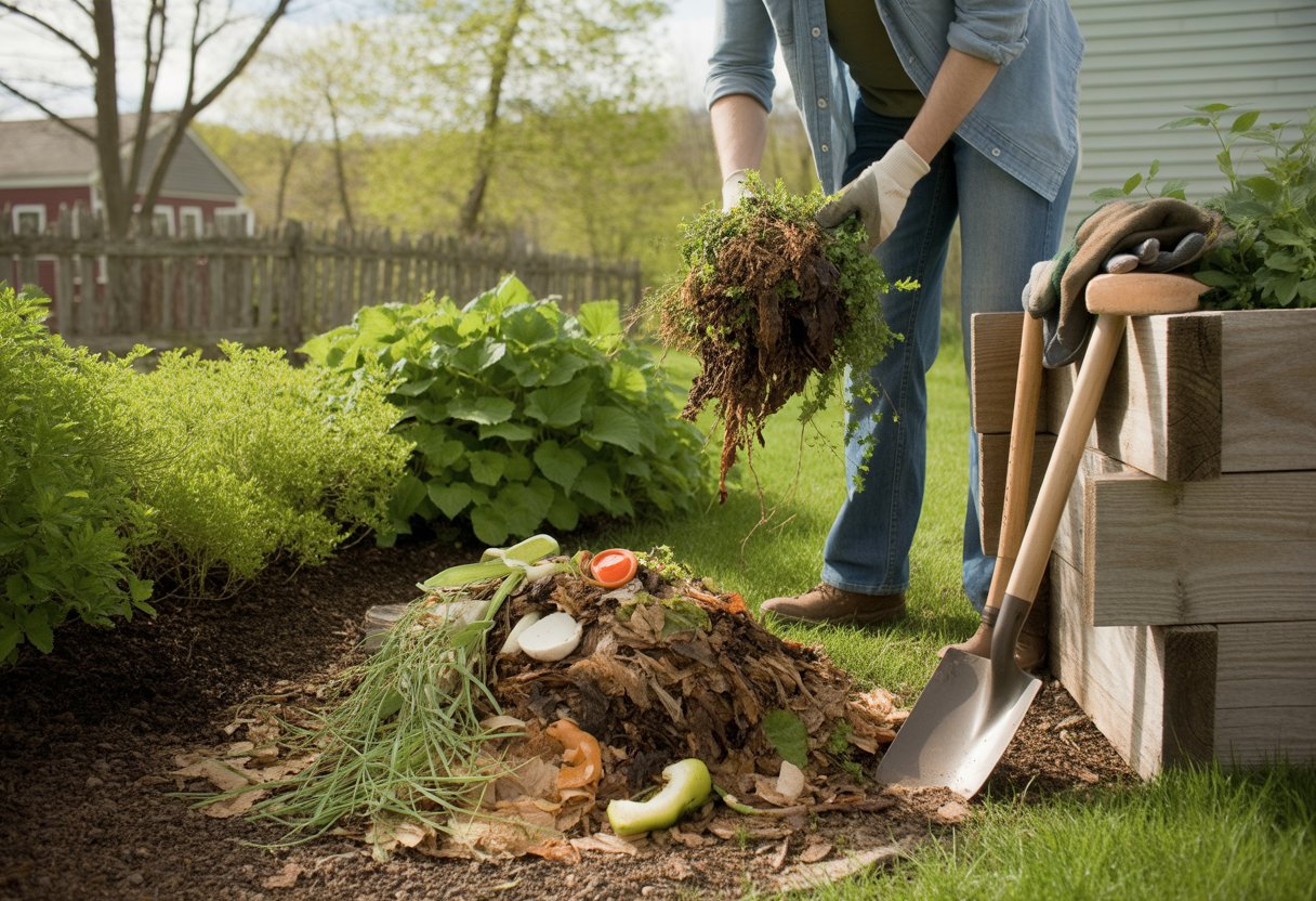 A gardener adding organic waste to a compost bin in a backyard garden with green plants and trees.