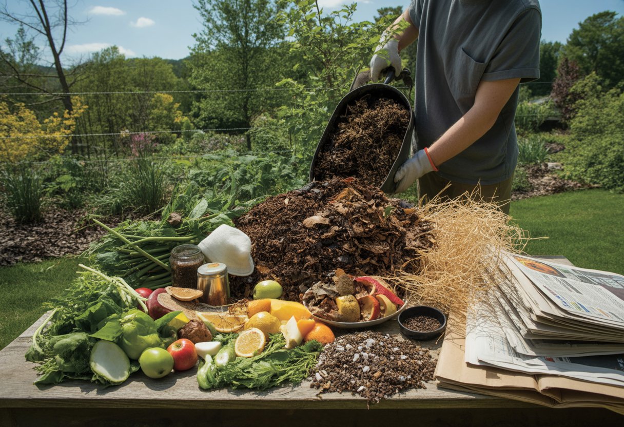 A gardener mixing various compost ingredients like vegetable scraps, dry leaves, and coffee grounds in a compost bin in a garden with trees and plants.
