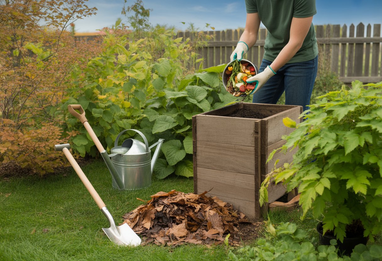 Gardener adding kitchen scraps to a wooden compost bin in a lush New Hampshire garden surrounded by plants and garden tools.