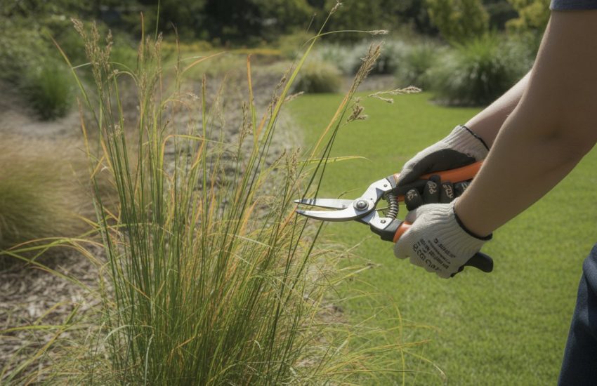 A person pruning tall switchgrass outdoors using gardening shears.
