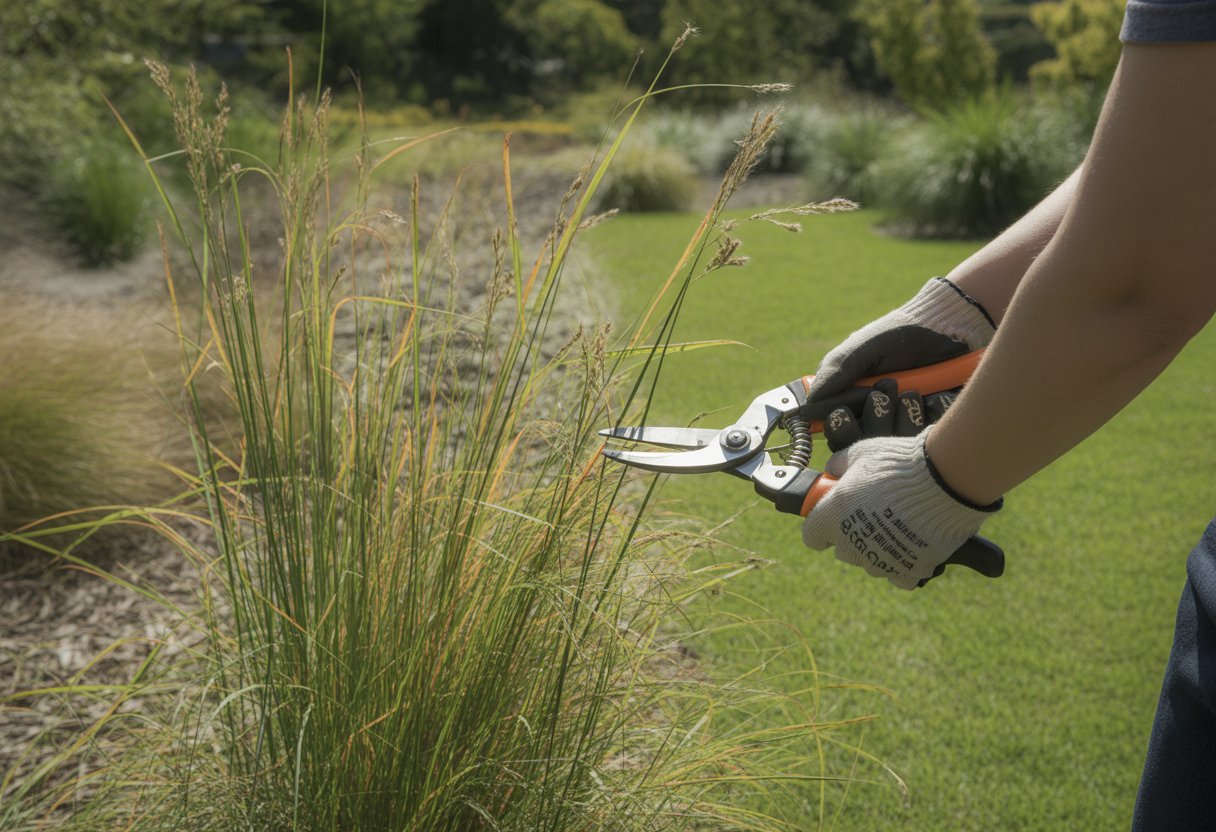 A person pruning tall switchgrass outdoors using gardening shears.