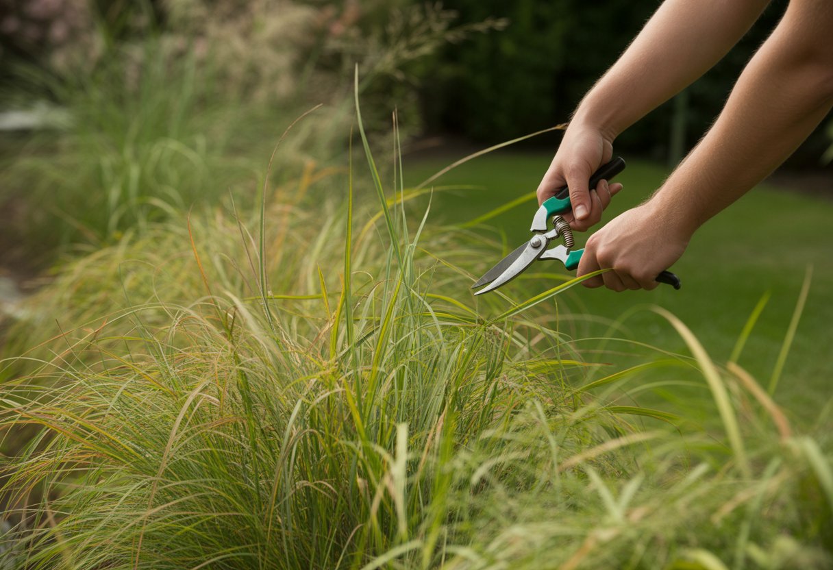 A person pruning switchgrass with shears in a garden.