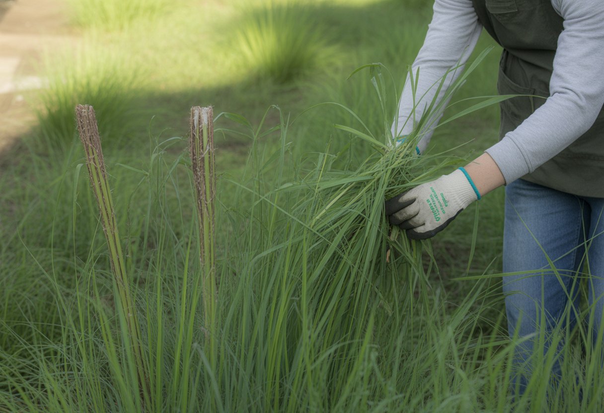 A gardener tending to freshly pruned switchgrass plants in a sunlit garden.