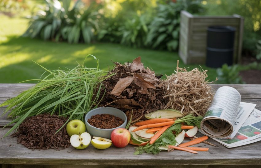 A variety of compost materials including grass clippings, dry leaves, coffee grounds, vegetable scraps, shredded newspaper, and twigs arranged on a wooden table outdoors with a garden and compost bin in the background.