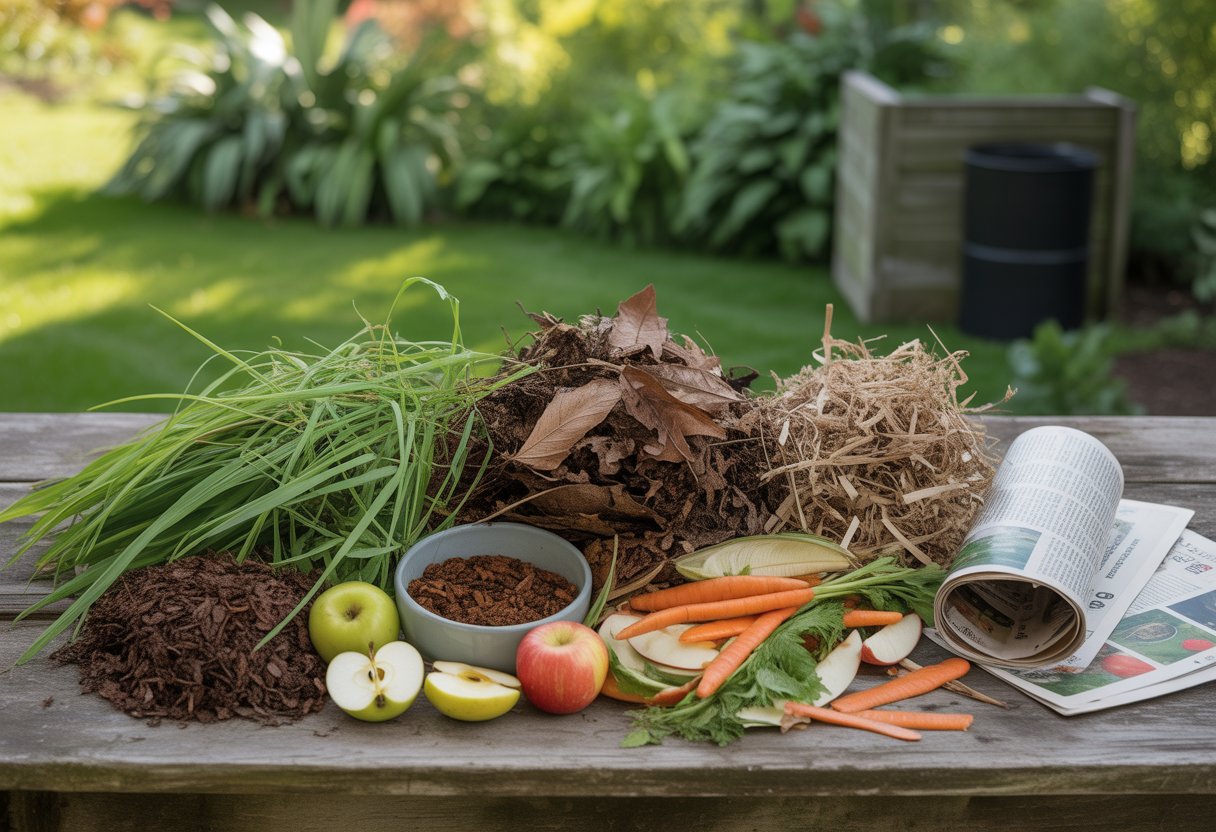 A variety of compost materials including grass clippings, dry leaves, coffee grounds, vegetable scraps, shredded newspaper, and twigs arranged on a wooden table outdoors with a garden and compost bin in the background.