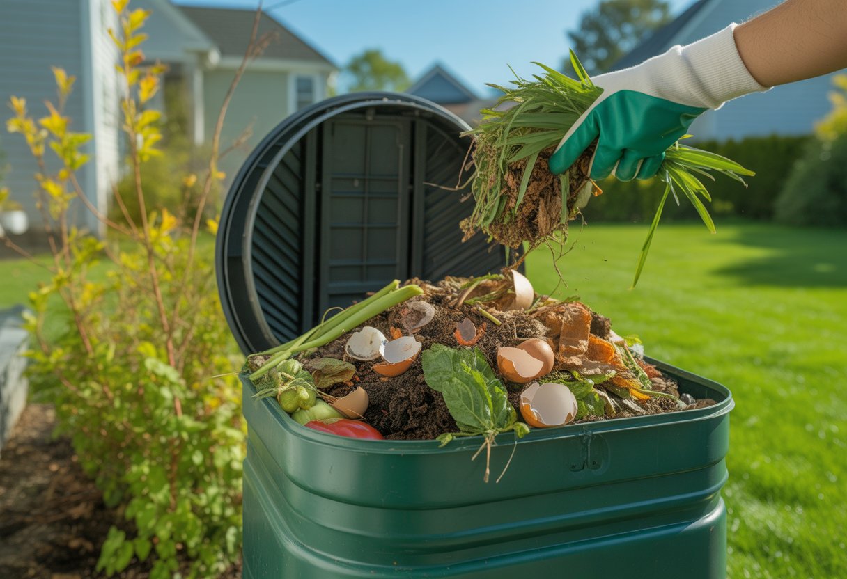 A person adding organic waste to a compost bin filled with vegetable scraps, coffee grounds, eggshells, grass clippings, and leaves in a suburban New Jersey backyard.
