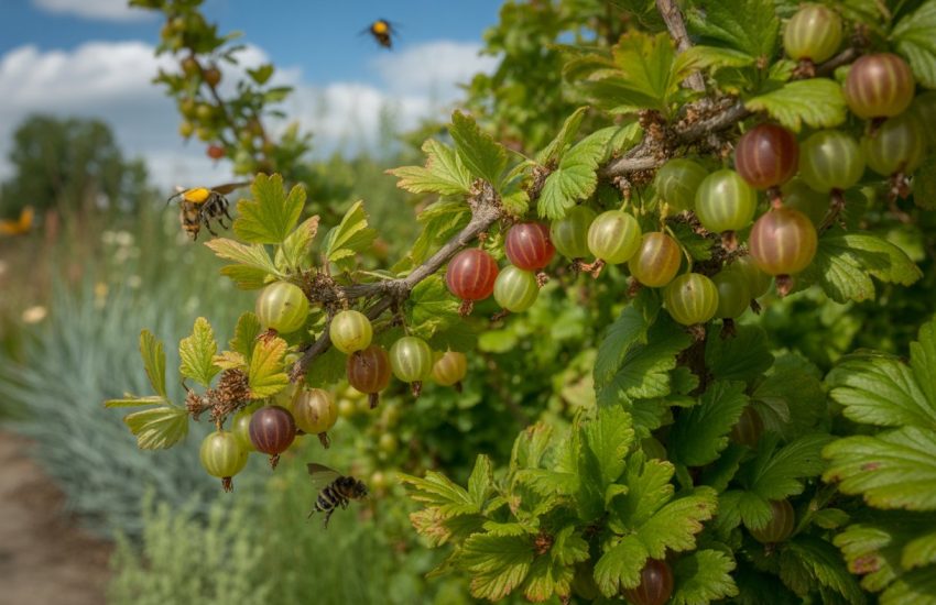 A garden with native gooseberry bushes bearing ripe fruit, with bees and butterflies visiting the flowers under a clear sky.