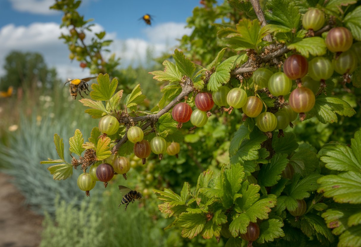 Benefits of Planting Native Gooseberry for Sustainable Gardening and Wildlife Support - PlantNative.org A garden with native gooseberry bushes bearing ripe fruit, with bees and butterflies visiting the flowers under a clear sky.