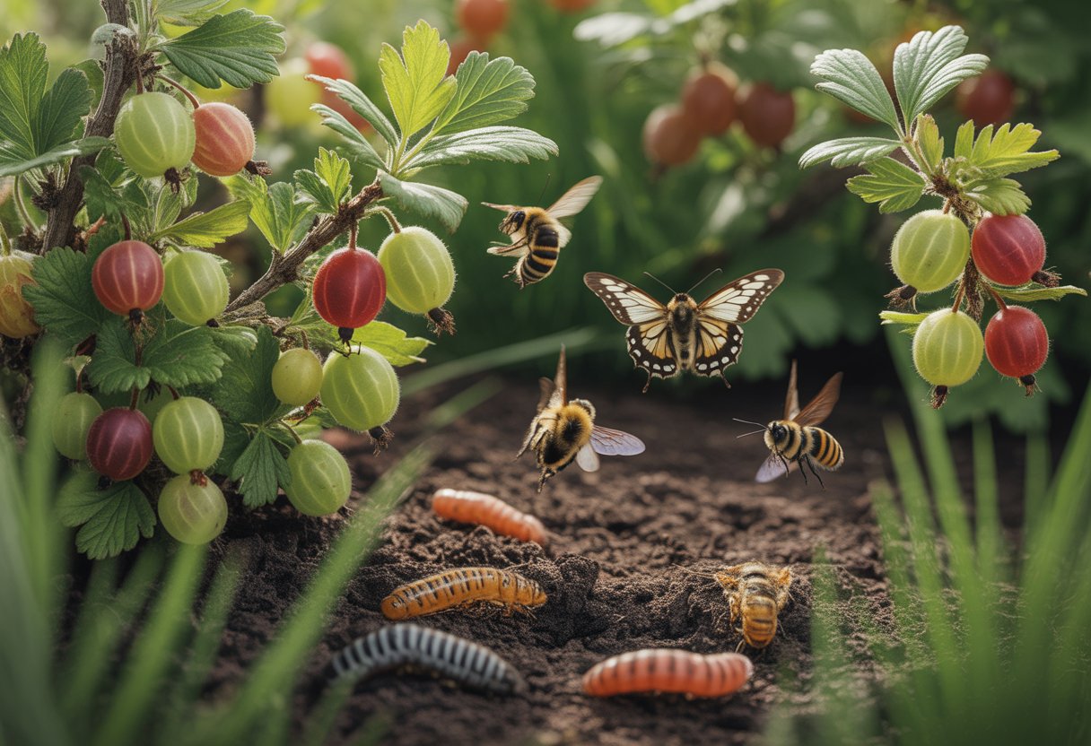 Benefits of Planting Native Gooseberry for Sustainable Gardening and Wildlife Support - PlantNative.org A garden with native gooseberry bushes bearing ripe berries, surrounded by bees and butterflies, showing a healthy natural environment.