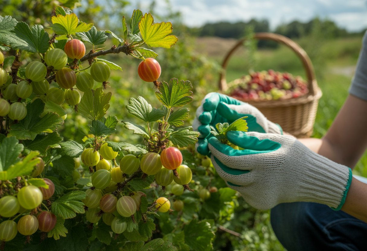 Benefits of Planting Native Gooseberry for Sustainable Gardening and Wildlife Support - PlantNative.org A person tending to native gooseberry bushes with ripe berries and baskets of harvested gooseberries in a sunny garden.