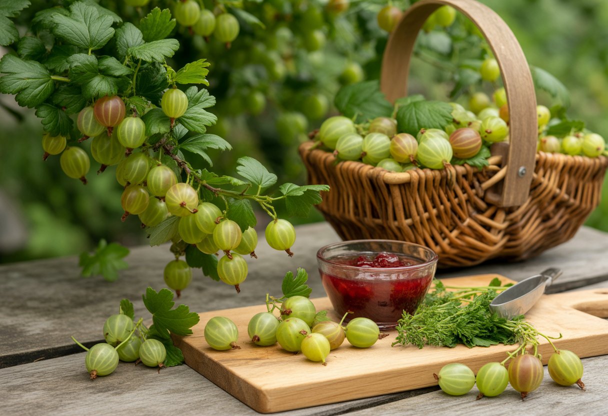 Benefits of Planting Native Gooseberry for Sustainable Gardening and Wildlife Support - PlantNative.org Fresh native gooseberries on the bush and in a basket with a cutting board showing sliced berries and jam in a garden setting.