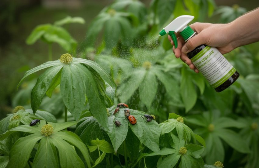 A gardener applying natural pest control spray to healthy mayapple plants in a green garden with beneficial insects on the leaves.