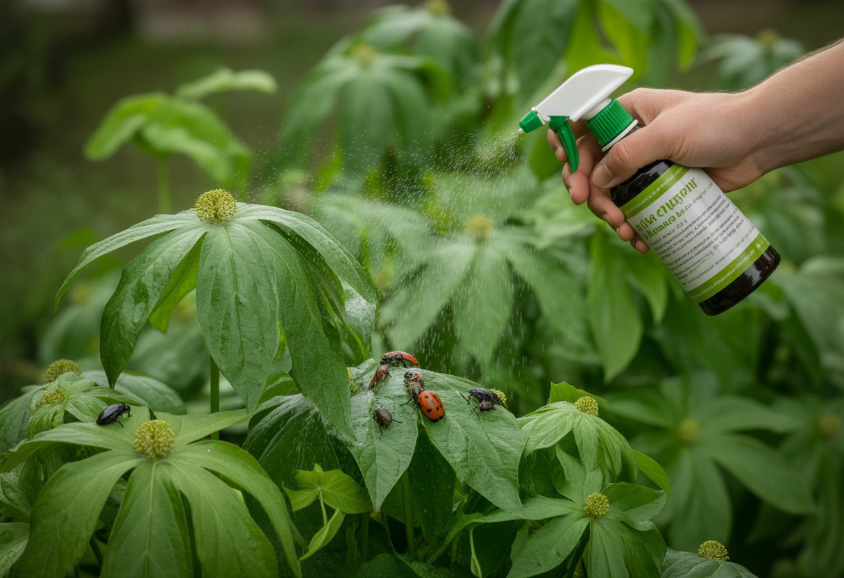 Organic Pest Control for Mayapple: Effective Strategies for Healthy Growth - PlantNative.org A gardener applying natural pest control spray to healthy mayapple plants in a green garden with beneficial insects on the leaves.