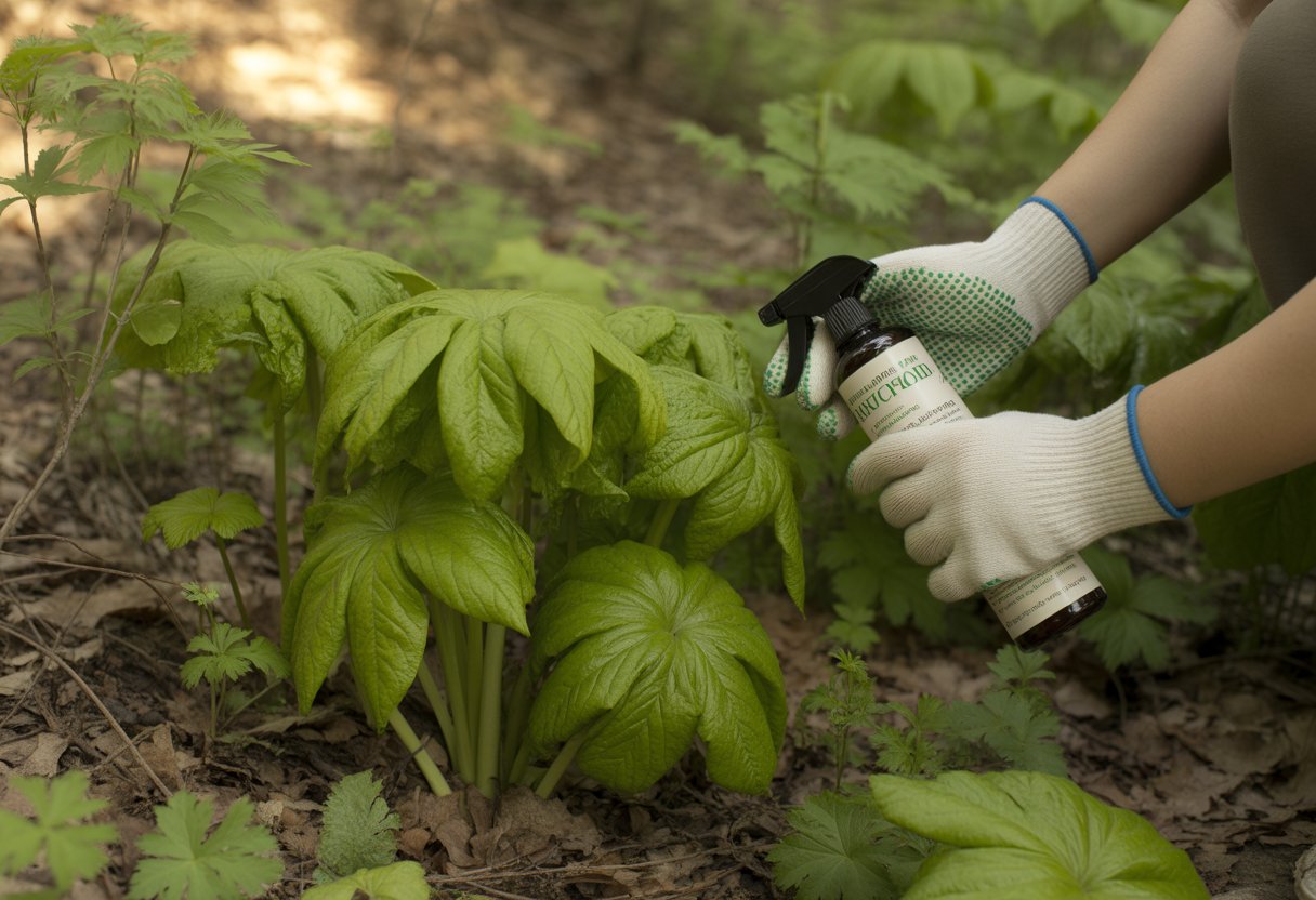 Organic Pest Control for Mayapple: Effective Strategies for Healthy Growth - PlantNative.org A Mayapple plant with large green leaves growing in a forest setting, with a gardener inspecting it using natural pest control methods.