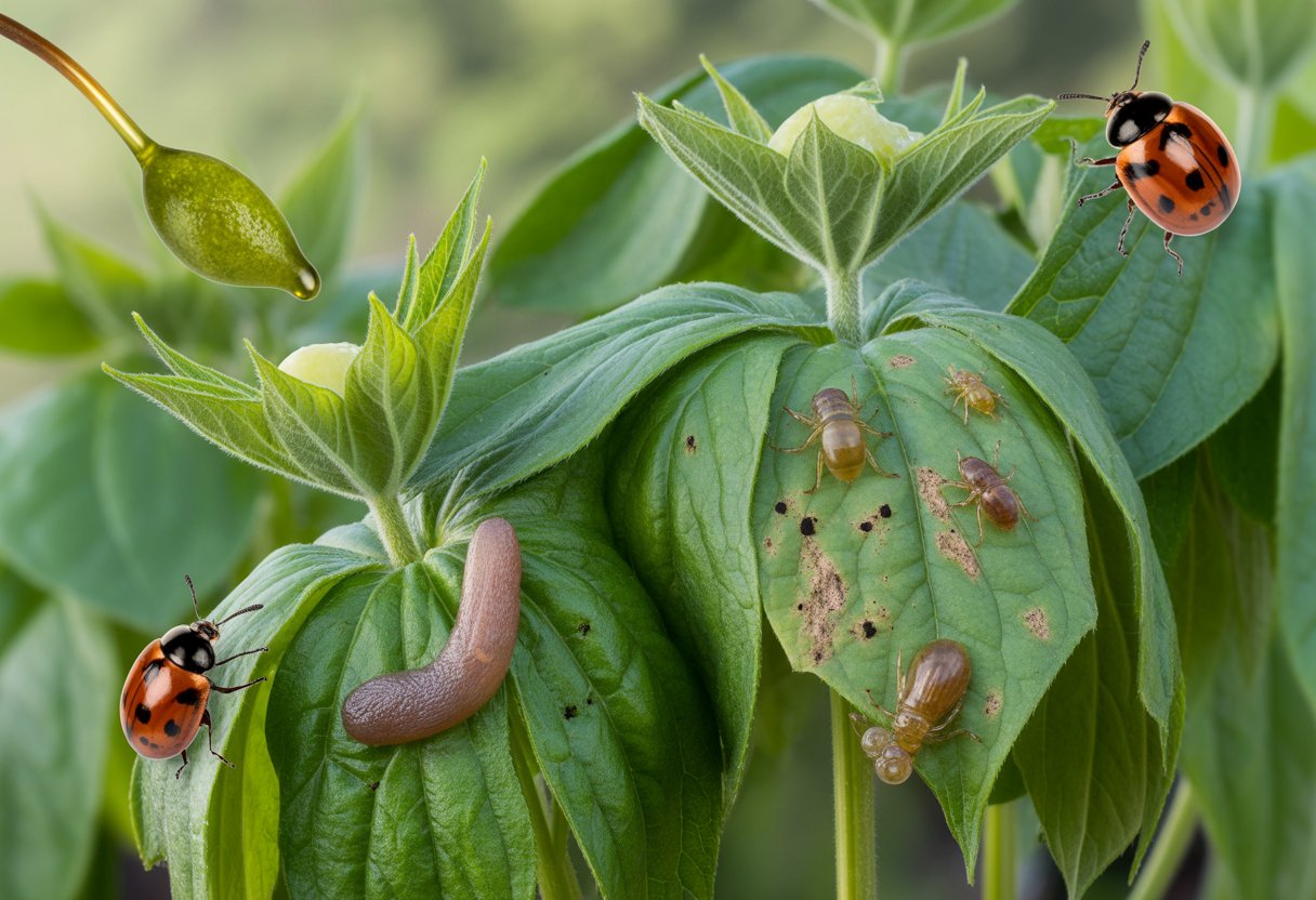 Organic Pest Control for Mayapple: Effective Strategies for Healthy Growth - PlantNative.org Close-up of Mayapple plants with visible pests and signs of damage, along with natural pest control elements like ladybugs in a garden setting.