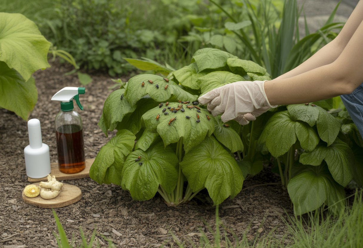 Organic Pest Control for Mayapple: Effective Strategies for Healthy Growth - PlantNative.org A gardener inspecting healthy Mayapple plants outdoors, using natural methods to control pests with beneficial insects and organic sprays.