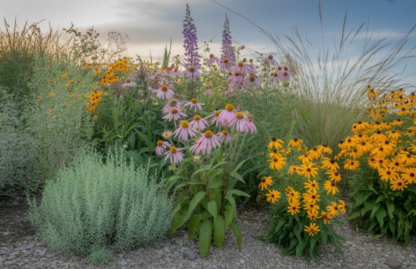 A natural garden with drought-tolerant native Pennsylvania plants including colorful flowers and grasses growing in dry, rocky soil under a sunny sky.
