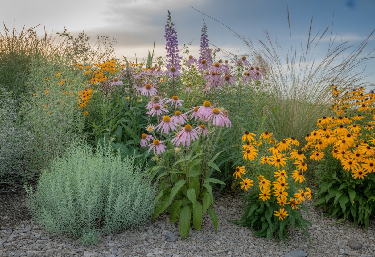 A natural garden with drought-tolerant native Pennsylvania plants including colorful flowers and grasses growing in dry, rocky soil under a sunny sky.