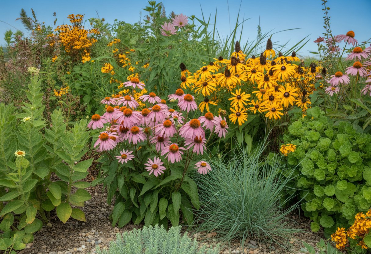 A garden bed with a variety of drought-tolerant native Pennsylvania plants including purple coneflowers, black-eyed Susans, little bluestem grass, and butterfly weed under a clear sky.