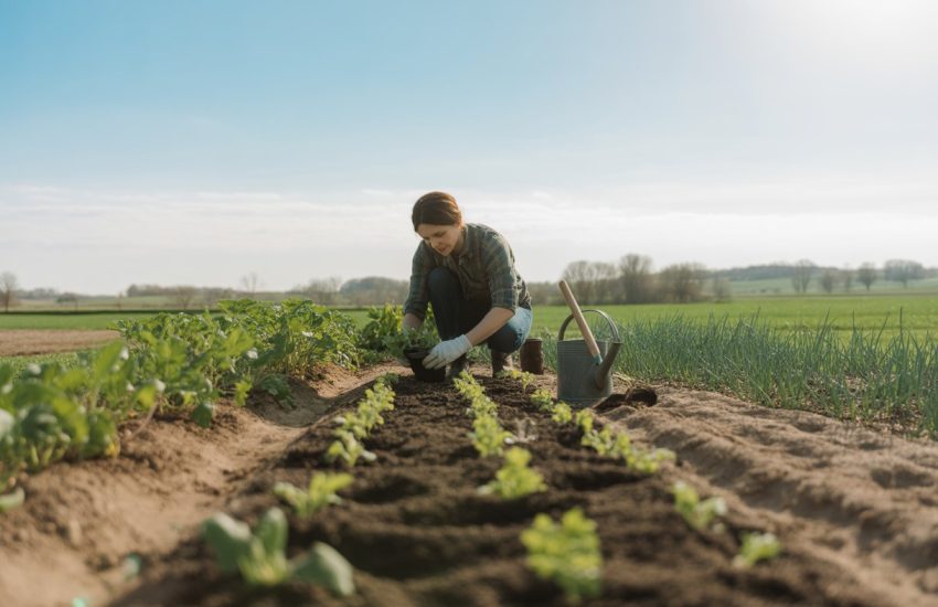 A person planting young vegetable seedlings in a garden with rows of plants and a rural landscape in the background.