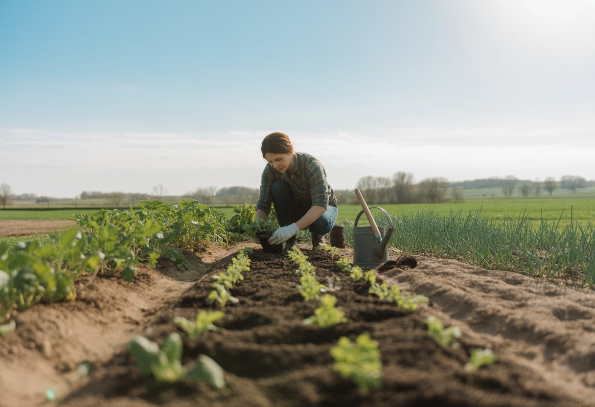 A person planting young vegetable seedlings in a garden with rows of plants and a rural landscape in the background.