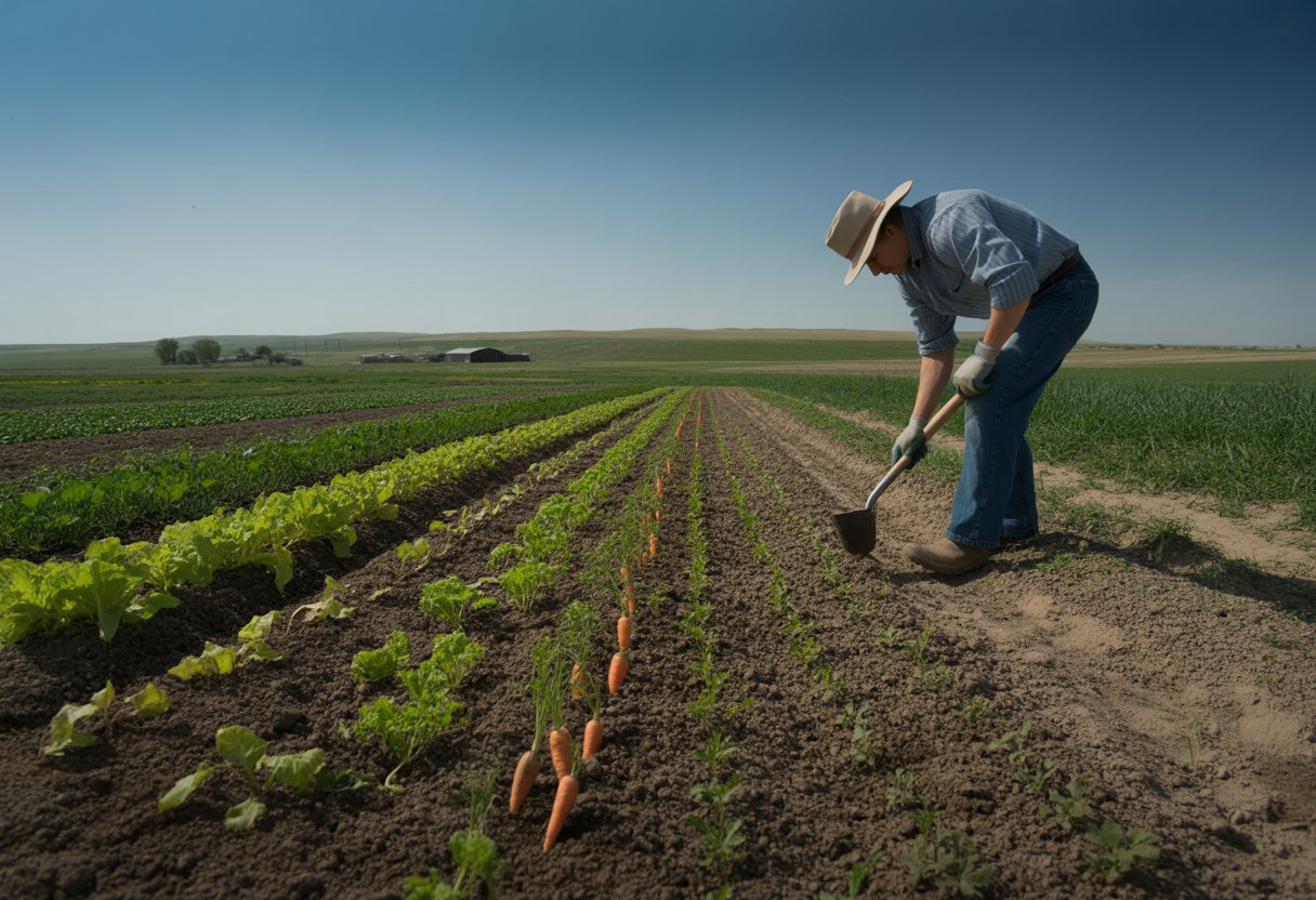 A farmer planting and caring for young vegetable crops in a field with rolling plains in the background.