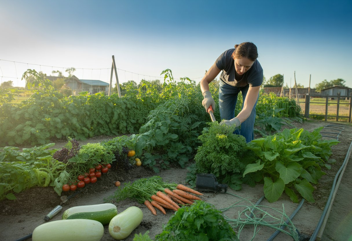 A person tending a diverse vegetable garden with healthy plants and fresh produce in a rural North Dakota setting.
