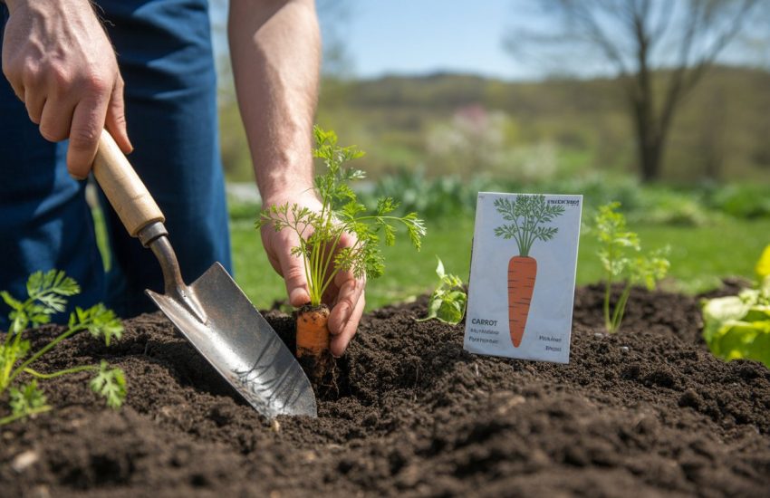 Hands planting young carrot seedlings into soil in a garden bed with gardening tools and green plants around.