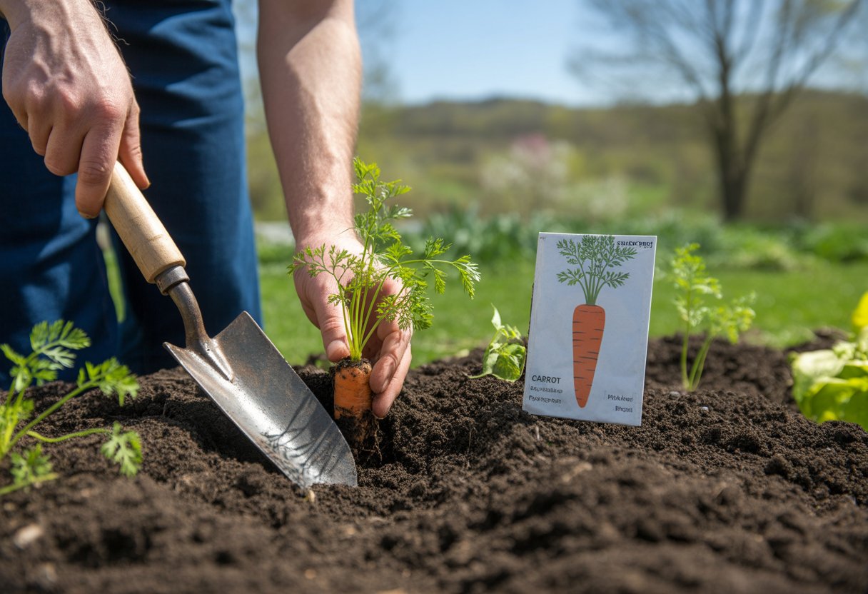 Hands planting young carrot seedlings into soil in a garden bed with gardening tools and green plants around.