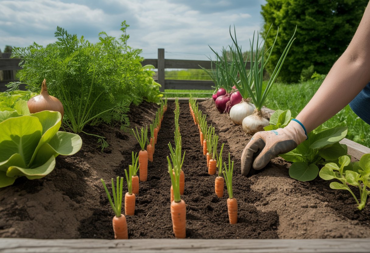 A garden bed with young carrot seedlings growing among other companion plants and a hand planting carrot seeds in rich soil under a partly cloudy sky.