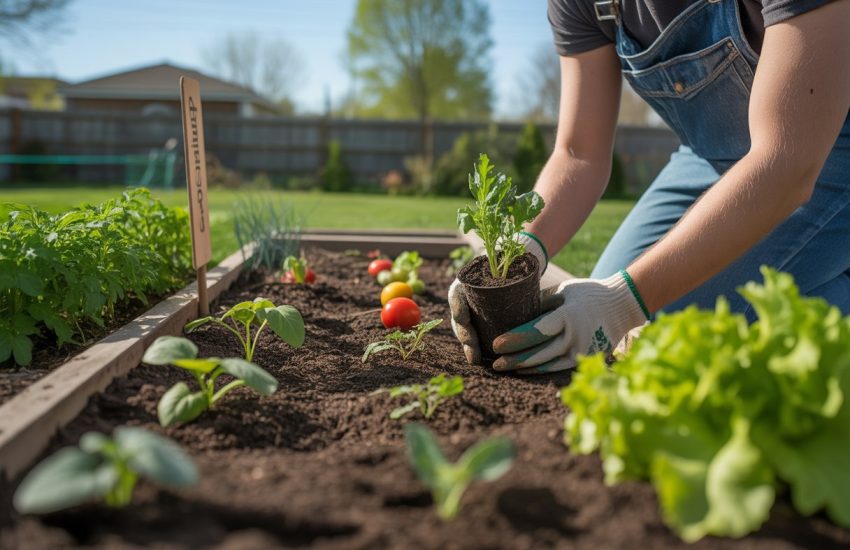Hands planting vegetable seedlings in a garden bed with green plants and a wooden fence in the background.