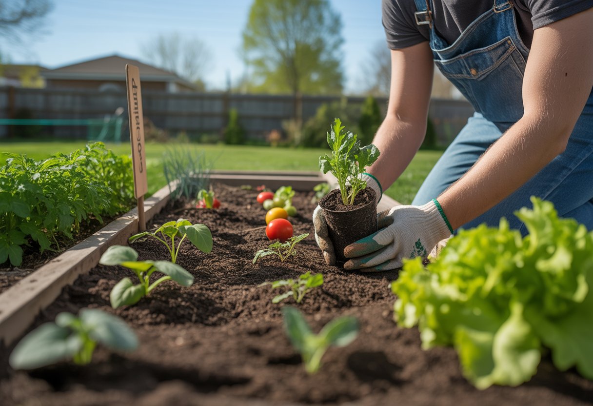 Hands planting vegetable seedlings in a garden bed with green plants and a wooden fence in the background.