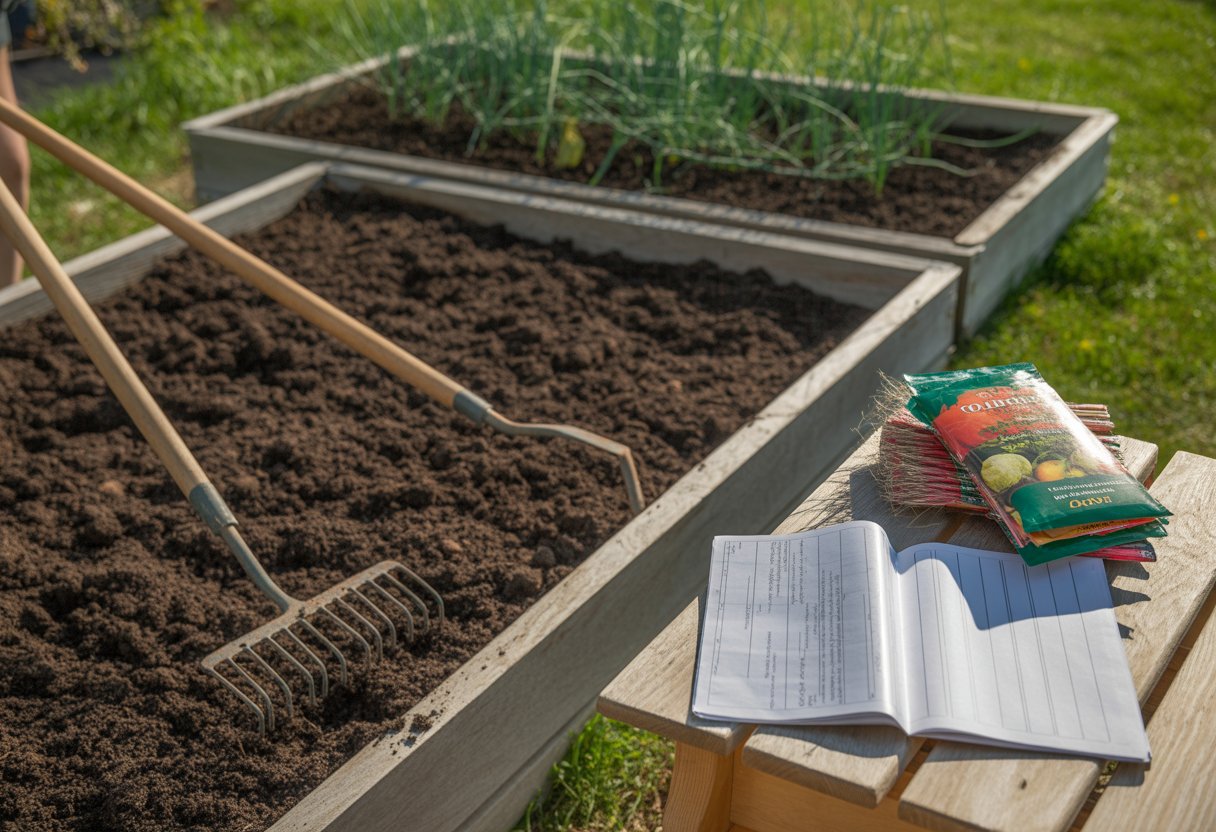 A person preparing soil in a vegetable garden bed with gardening tools and a garden plan nearby on a wooden table.