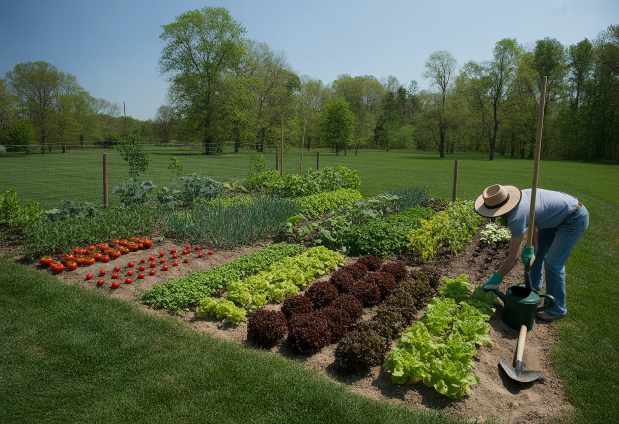 A person planting vegetable seedlings in a backyard garden with various healthy vegetable plants and trees in the background.