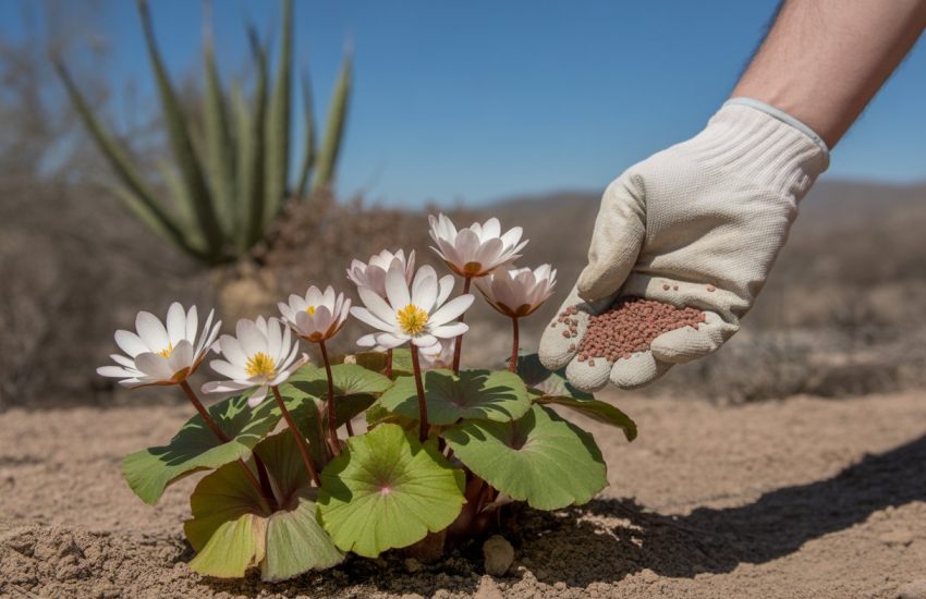 Hands applying fertilizer around blooming bloodroot plants in a sunny New Mexico garden.