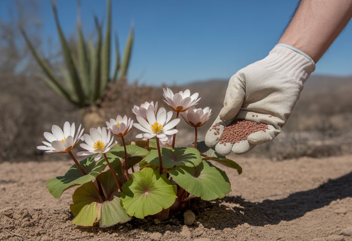 Hands applying fertilizer around blooming bloodroot plants in a sunny New Mexico garden.
